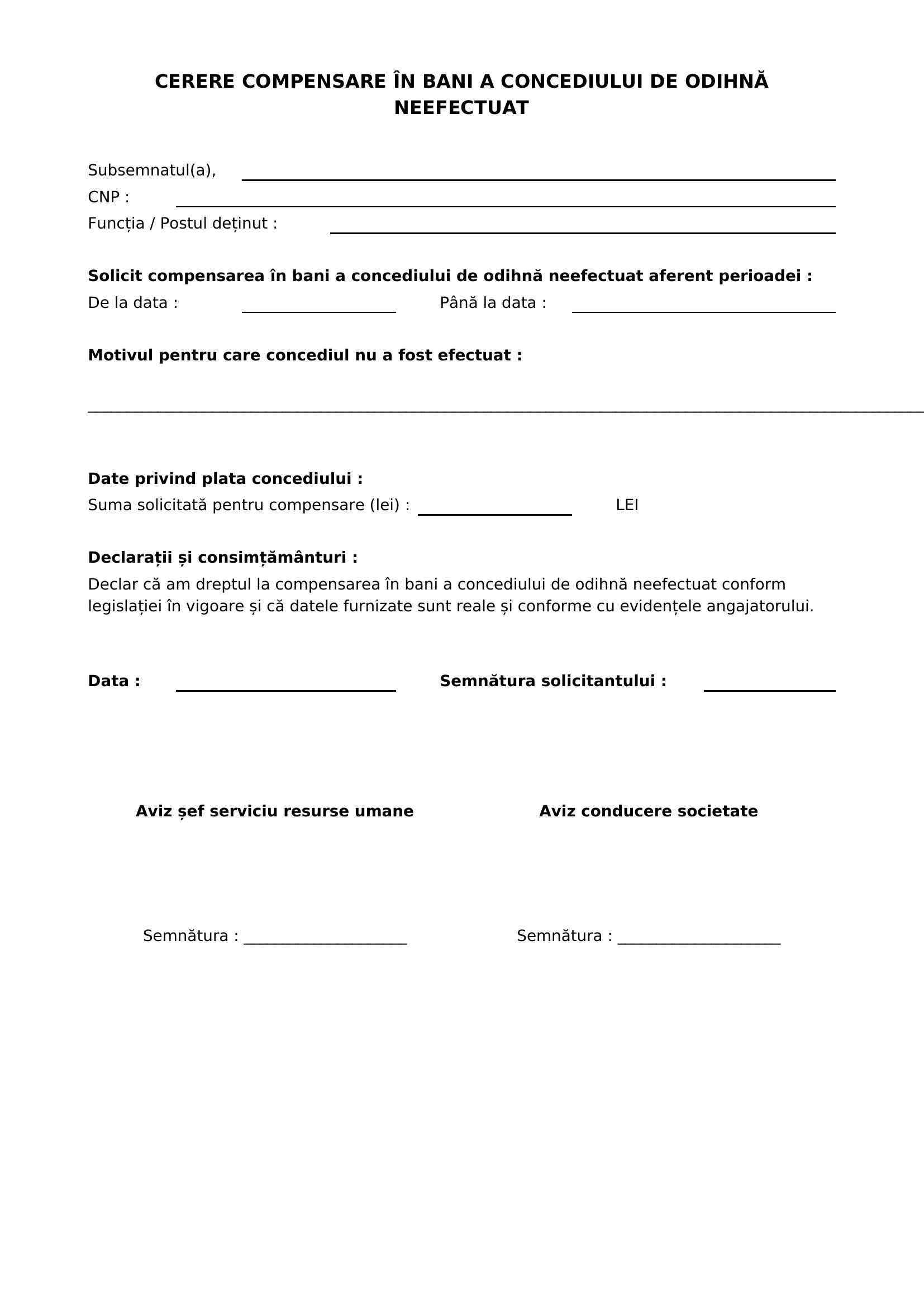Cerere Compensarea In Bani A Concediului De Odihna Neefectuat