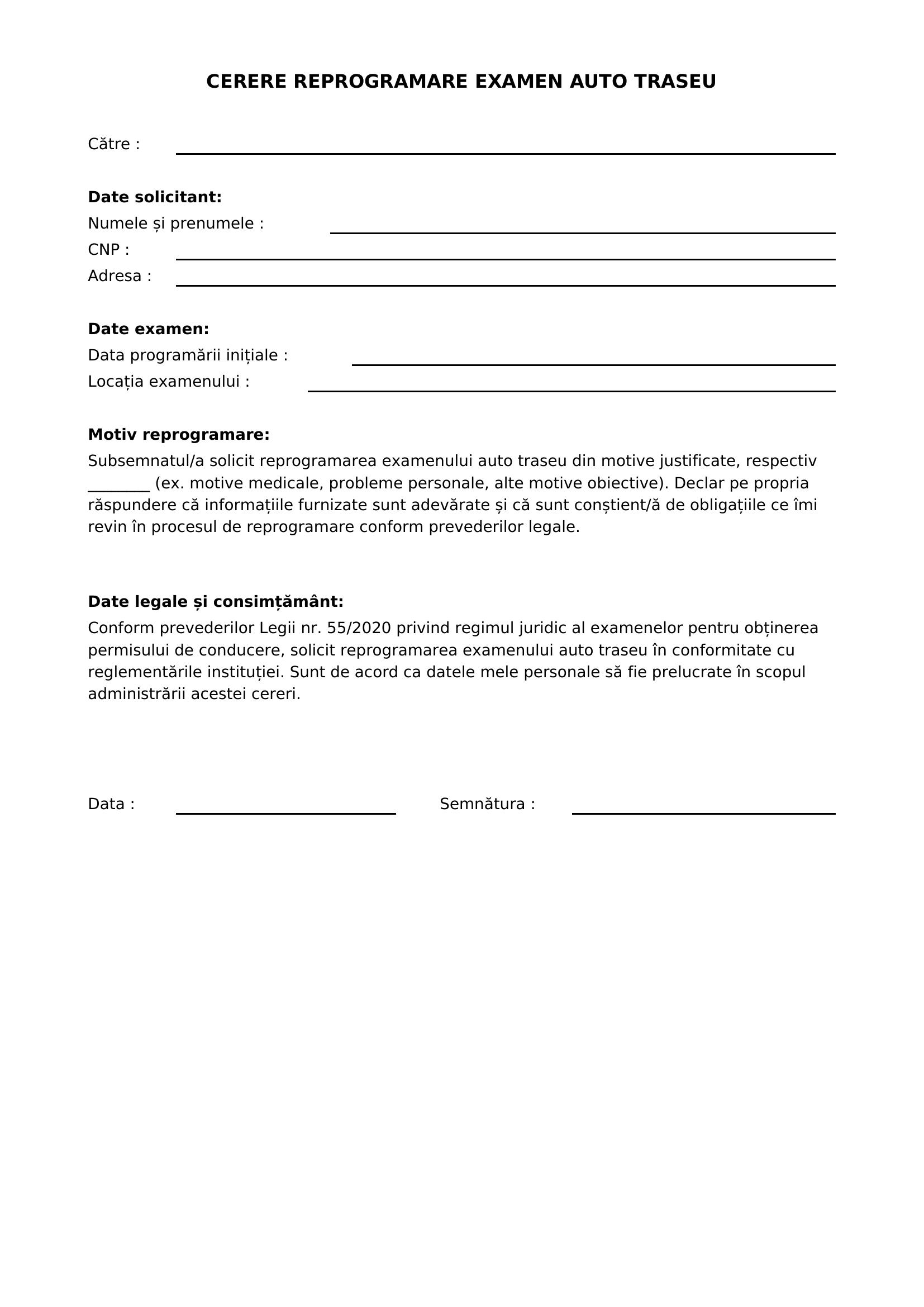 Cerere Reprogramare Examen Auto Traseu