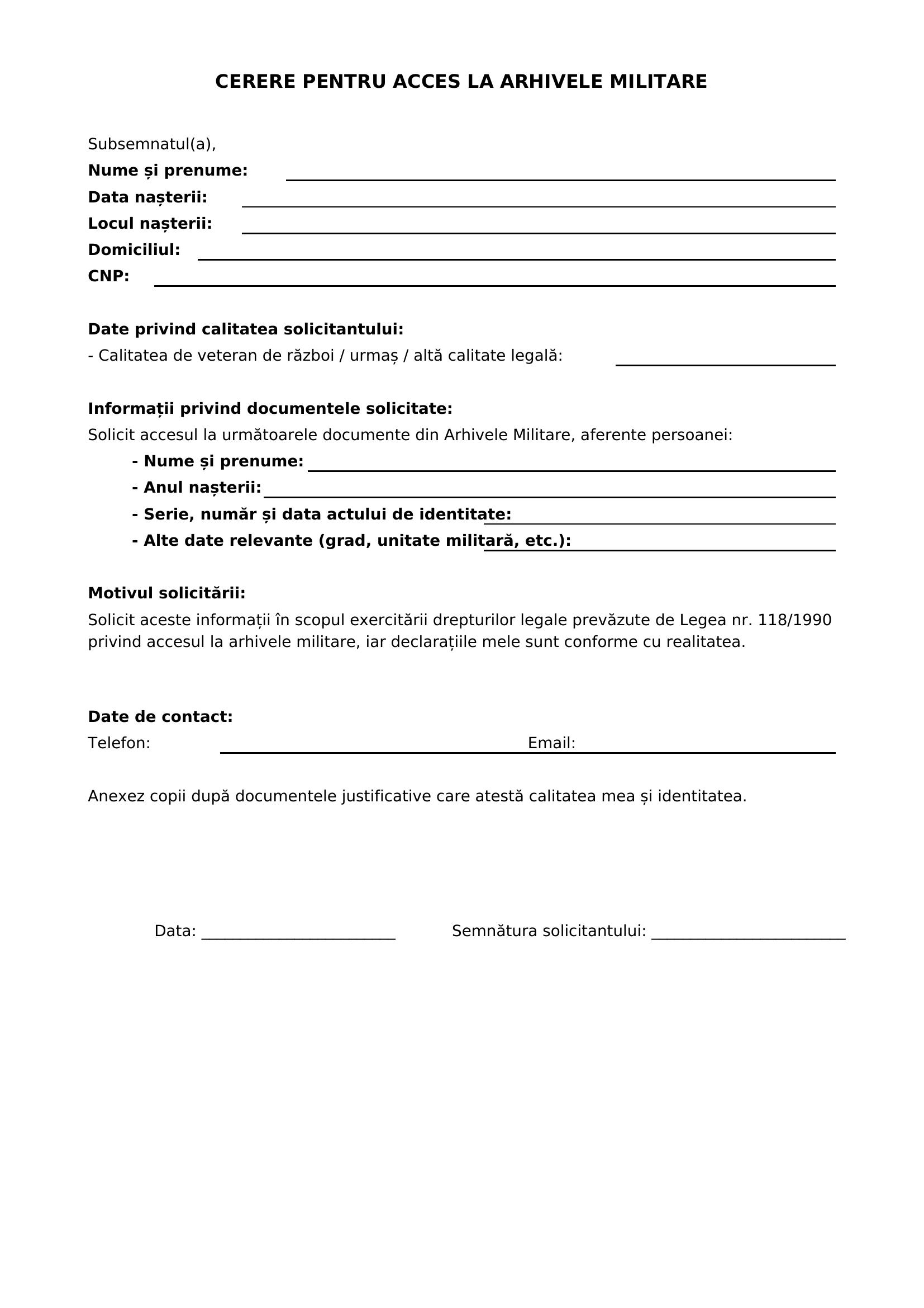 Model Cerere Arhivele Militare