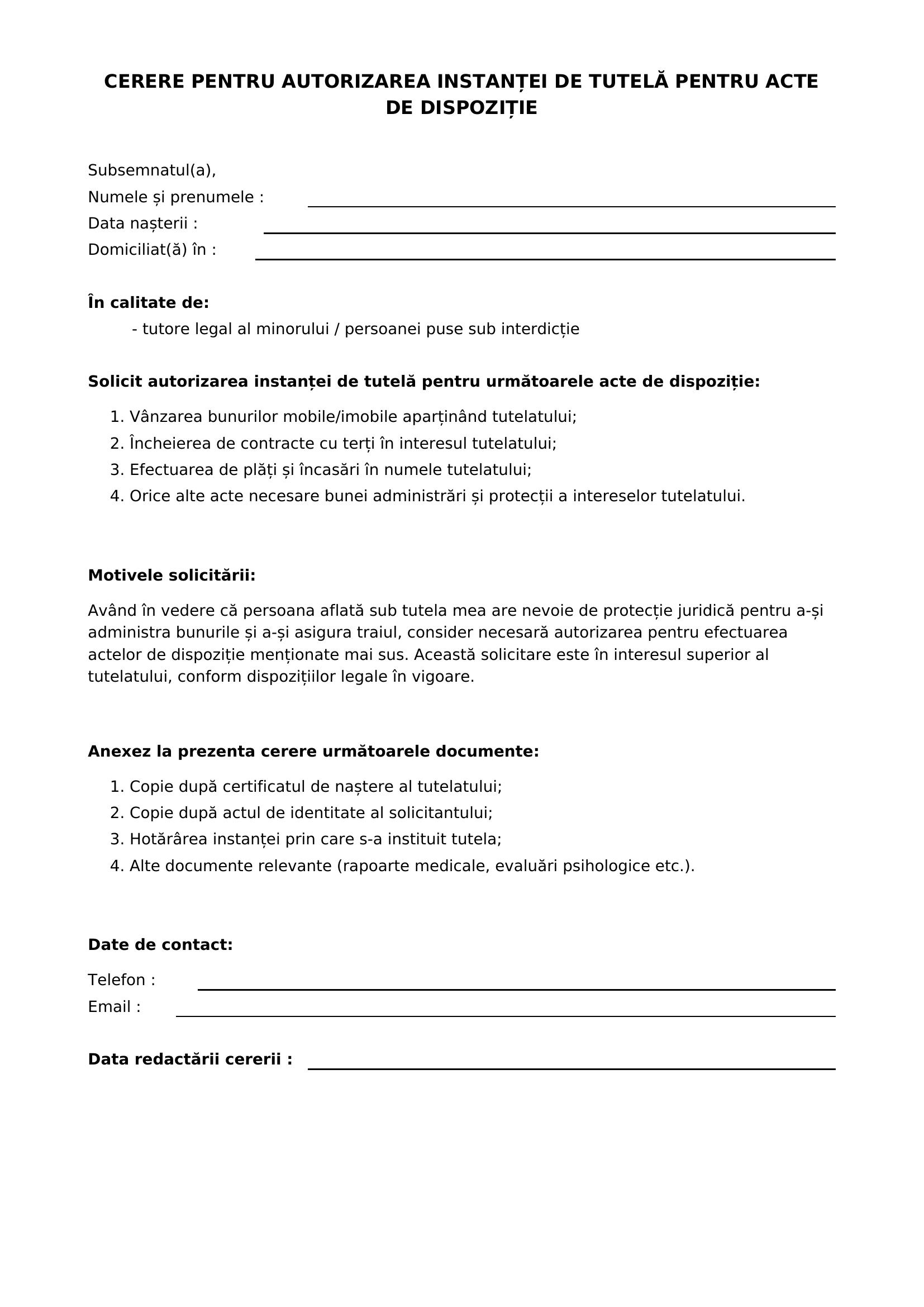 Model Cerere Autorizarea Instantei De Tutela Pentru Acte De Dispozitie