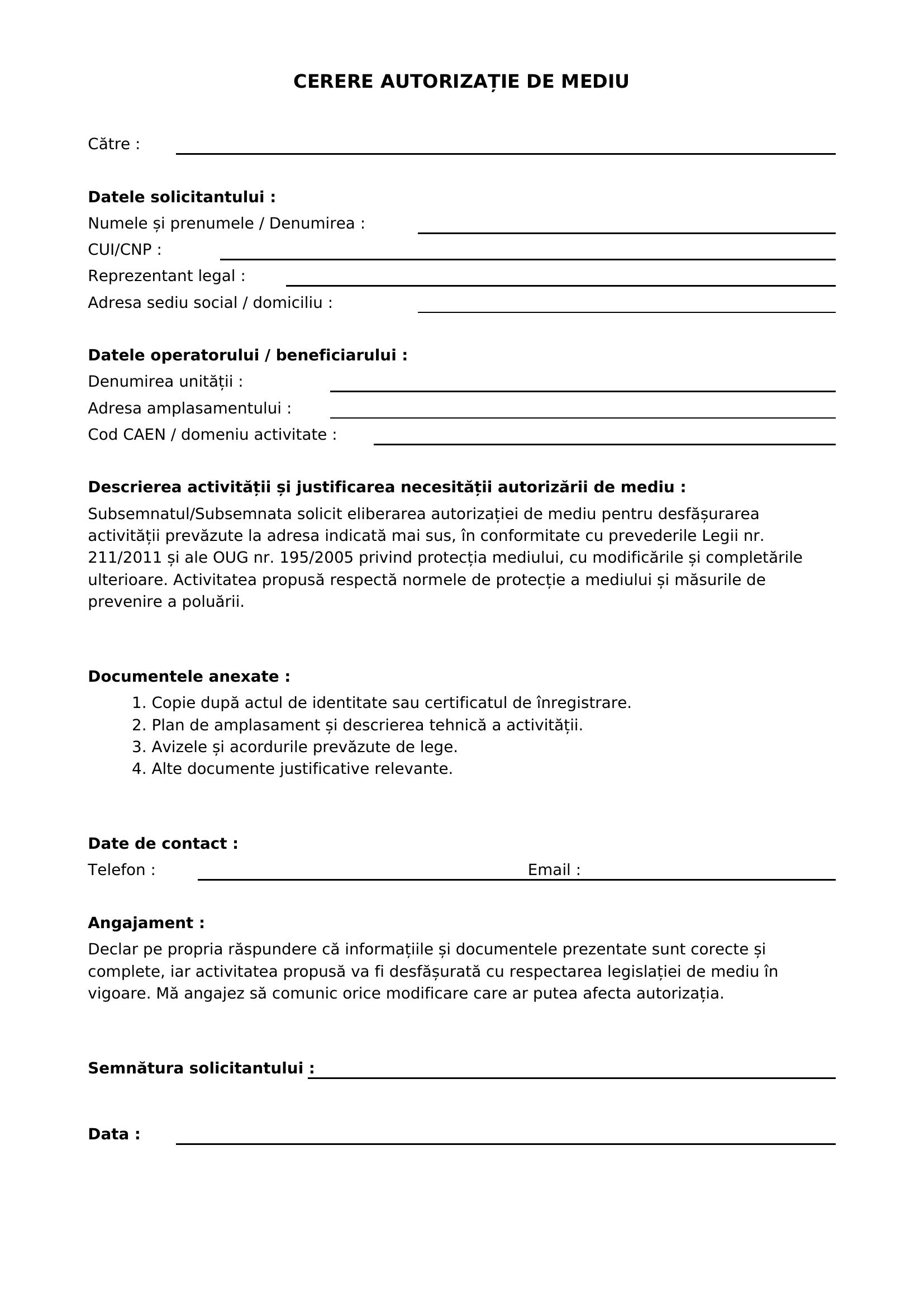 Model Cerere Autorizatie De Mediu