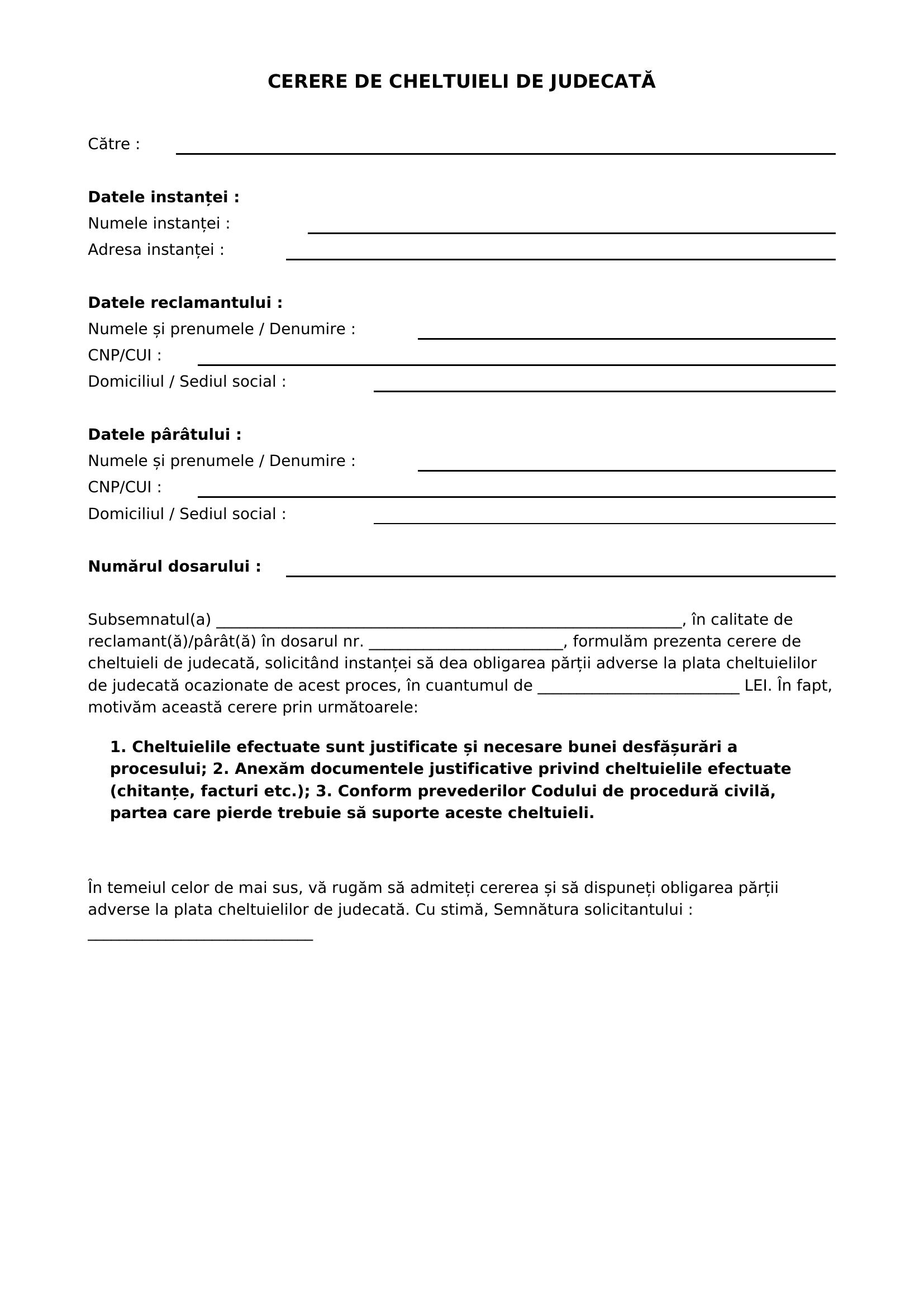 Model Cerere Cheltuieli De Judecata