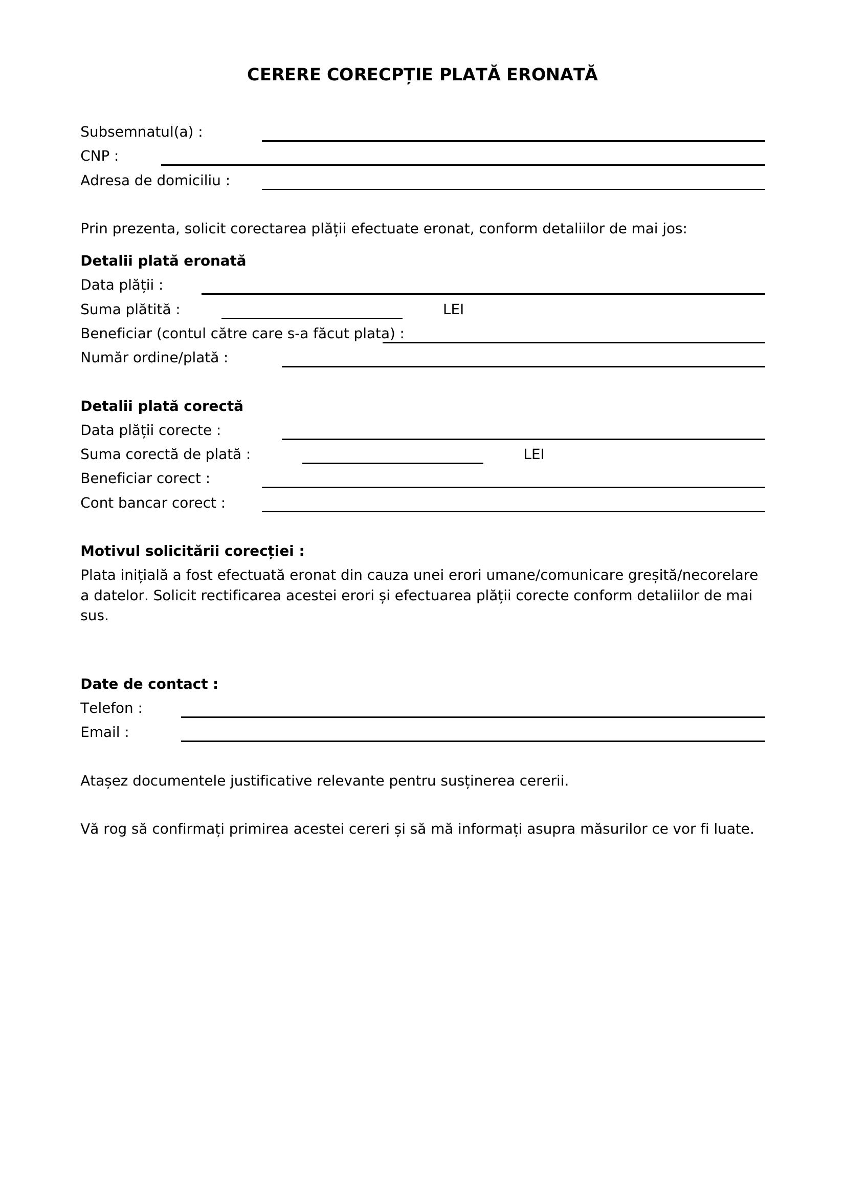 Model Cerere Corectie Plata Eronata