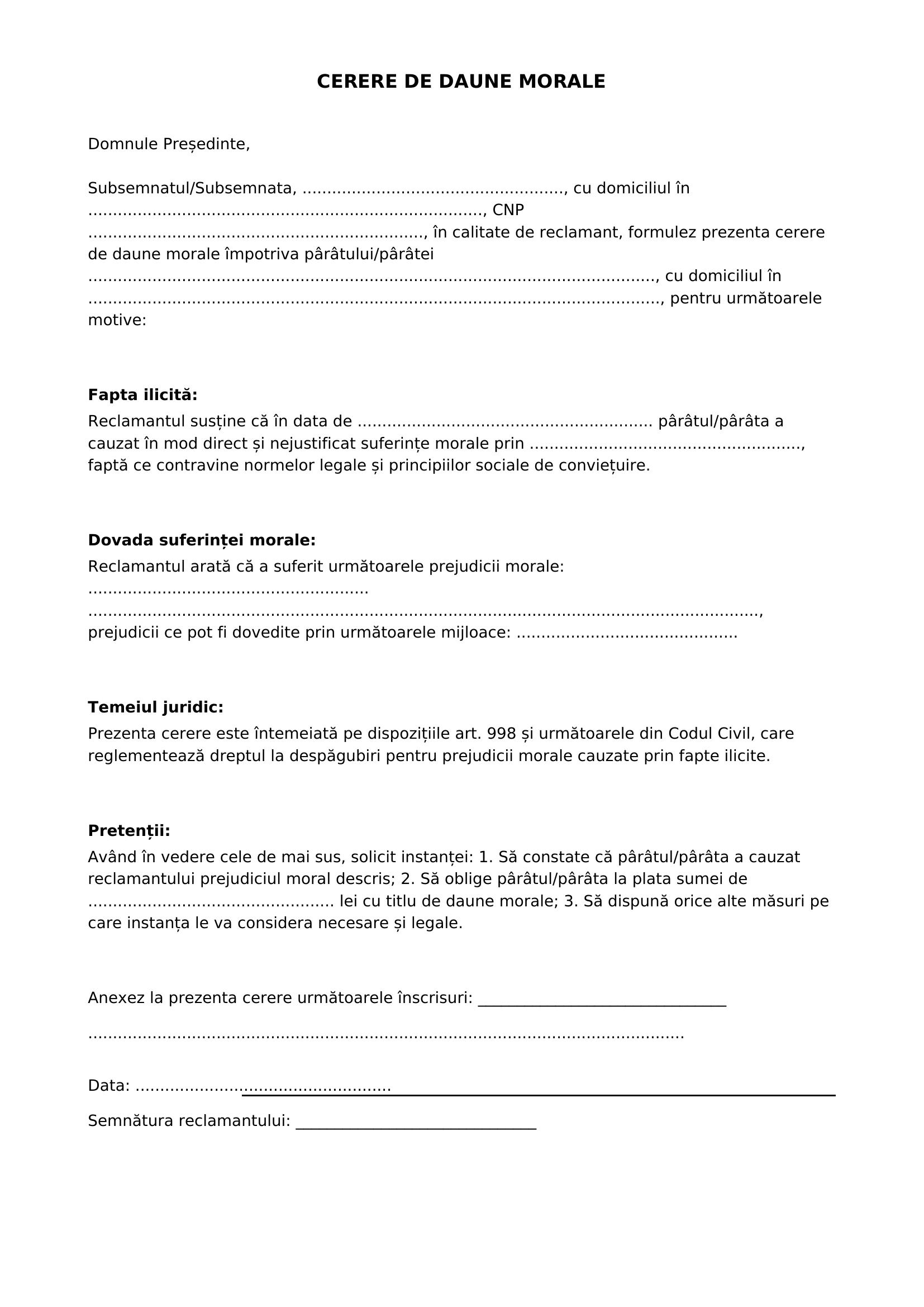 Model Cerere Daune Morale