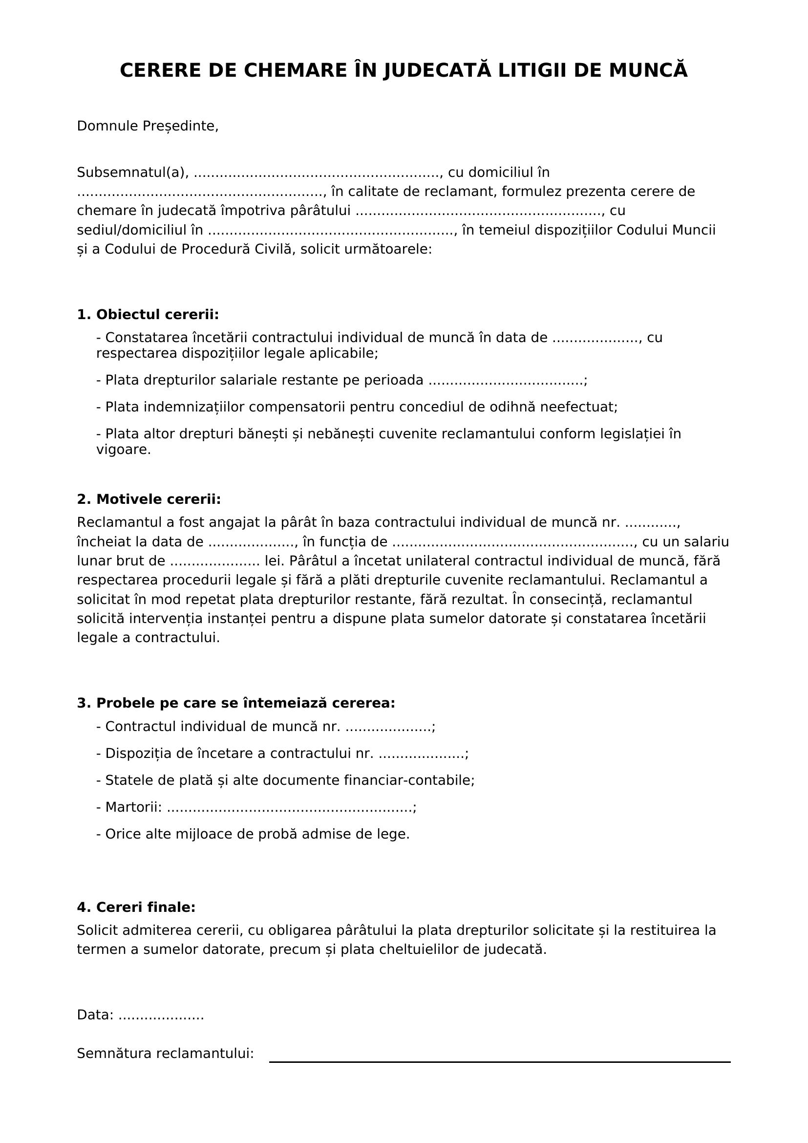 Model Cerere De Chemare In Judecata Litigii De Munca
