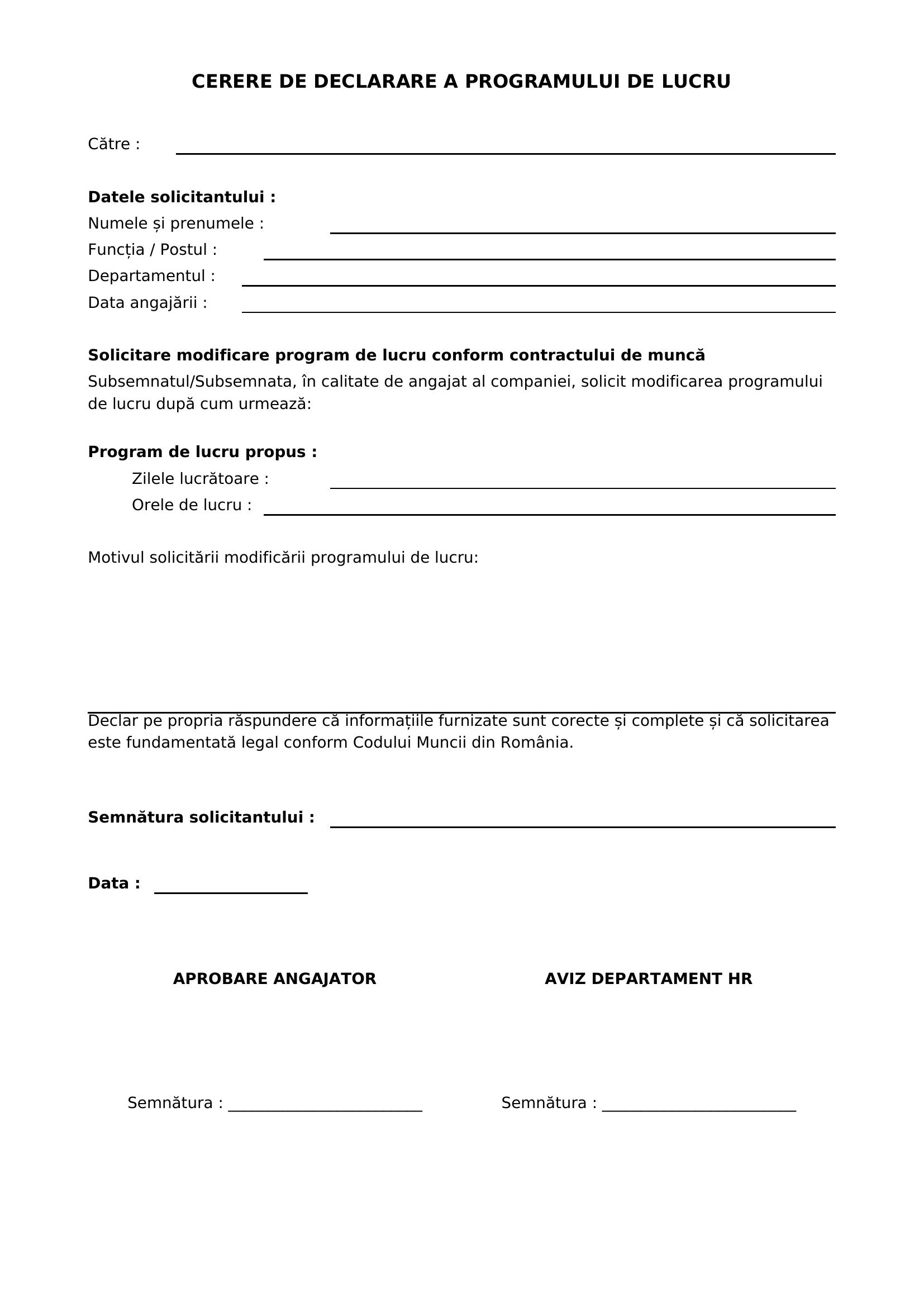 Model Cerere Decalare Program De Lucru