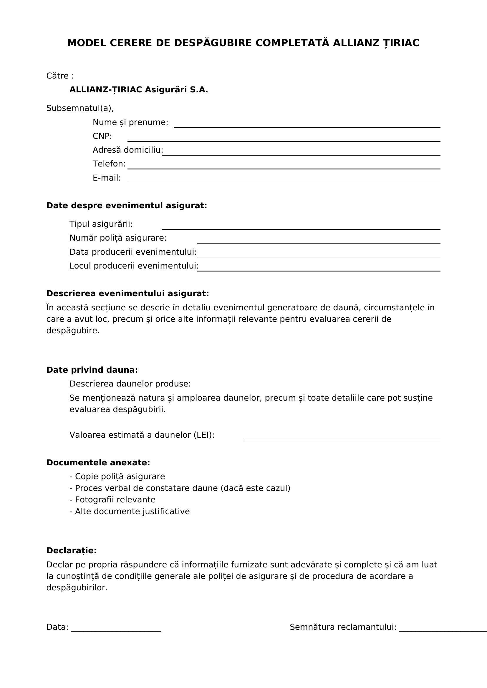 Model Cerere Despagubire Completata Allianz Tiriac