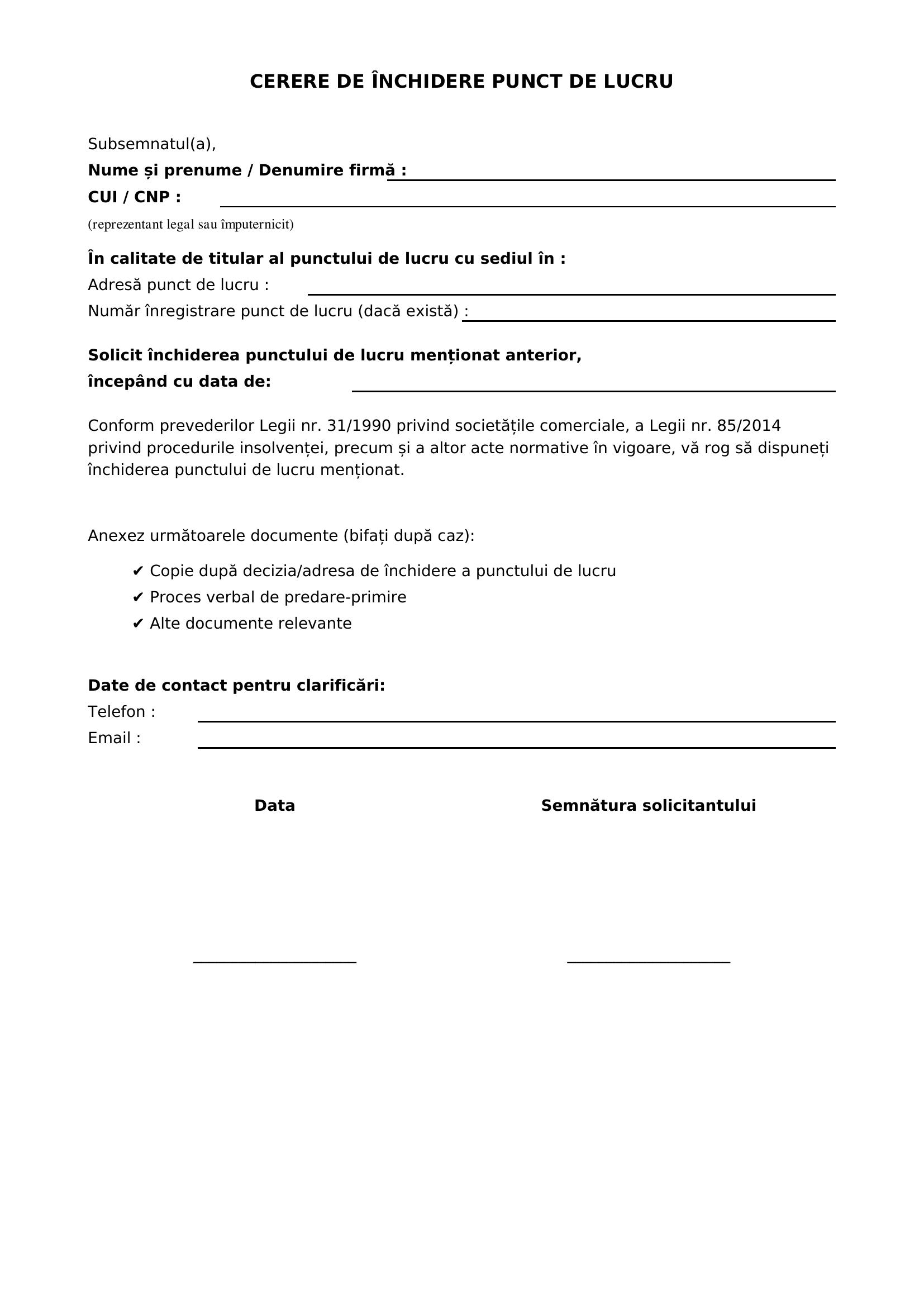 Model Cerere Inchidere Punct De Lucru
