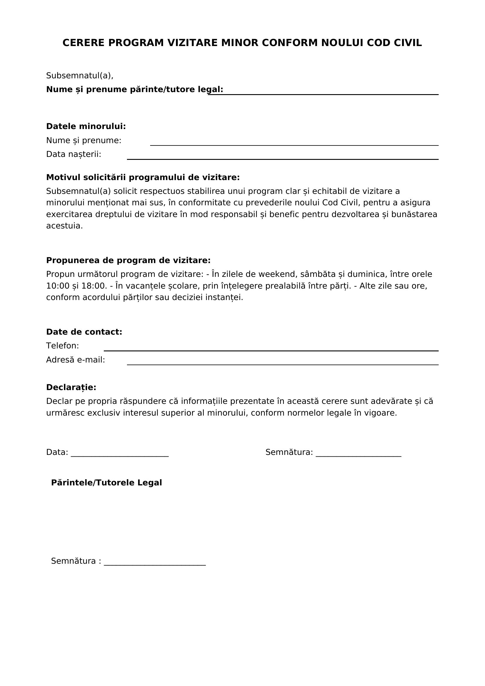 Model Cerere Program Vizitare Minor Noul Cod Civil