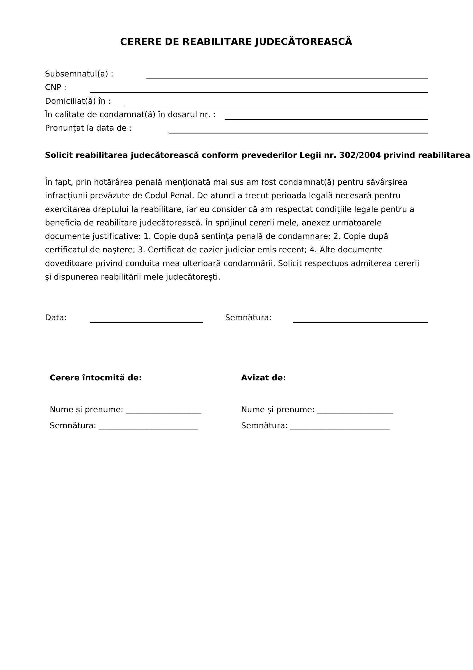 Model Cerere Reabilitare Judecatoreasca