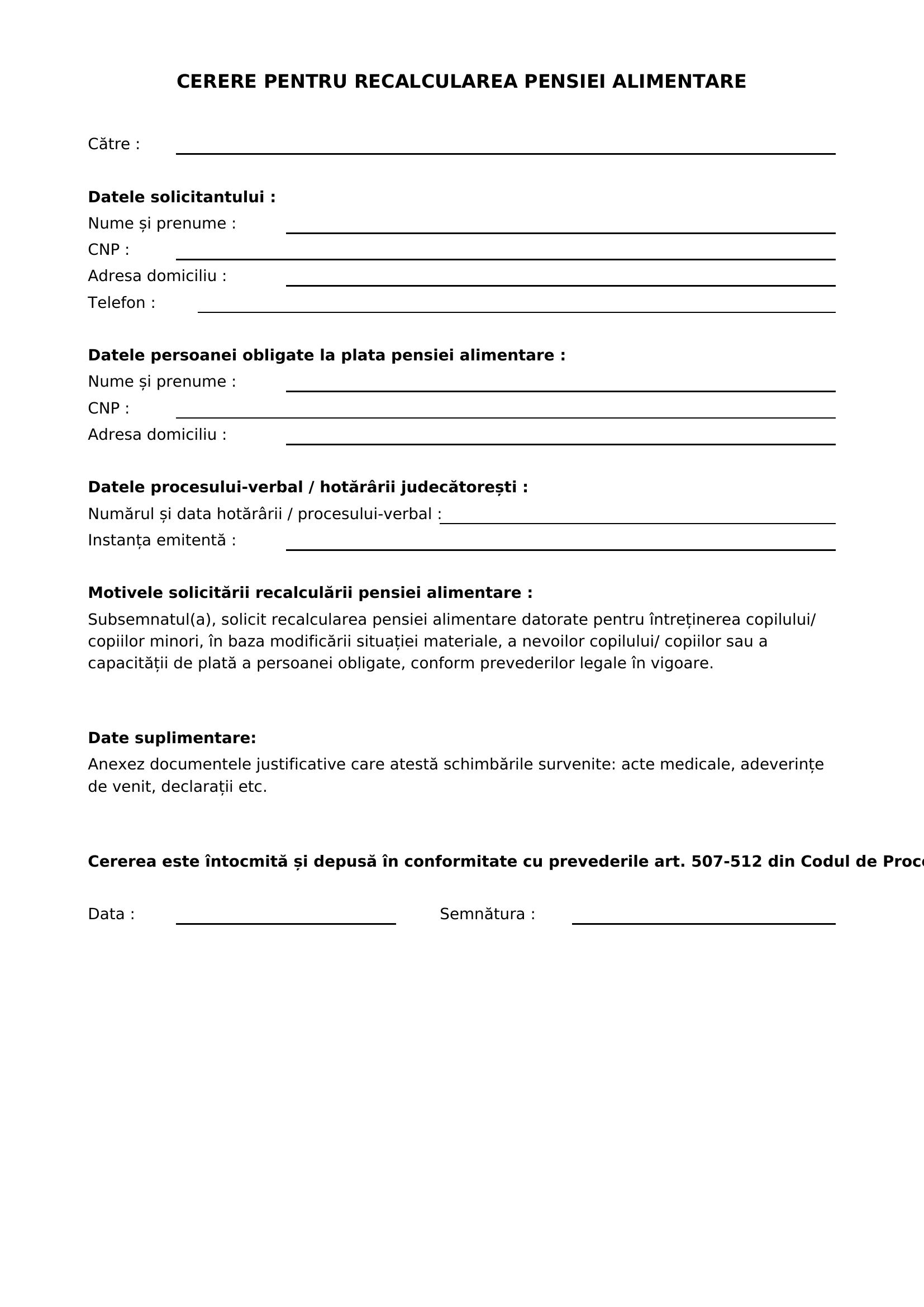 Model Cerere Recalculare Pensie Alimentara