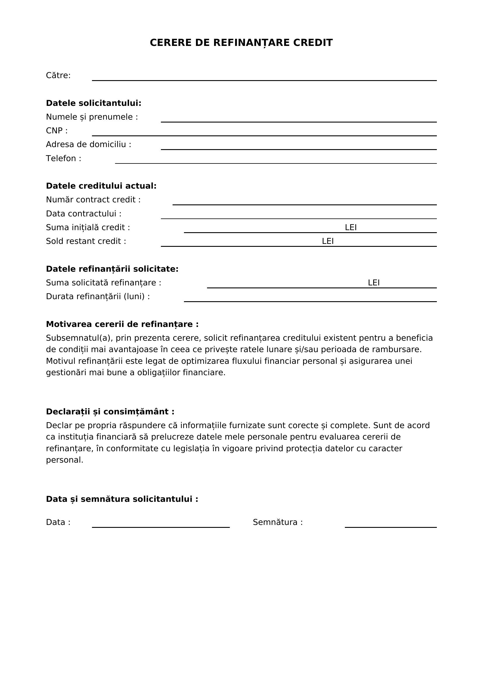 Model Cerere Refinantare Credit