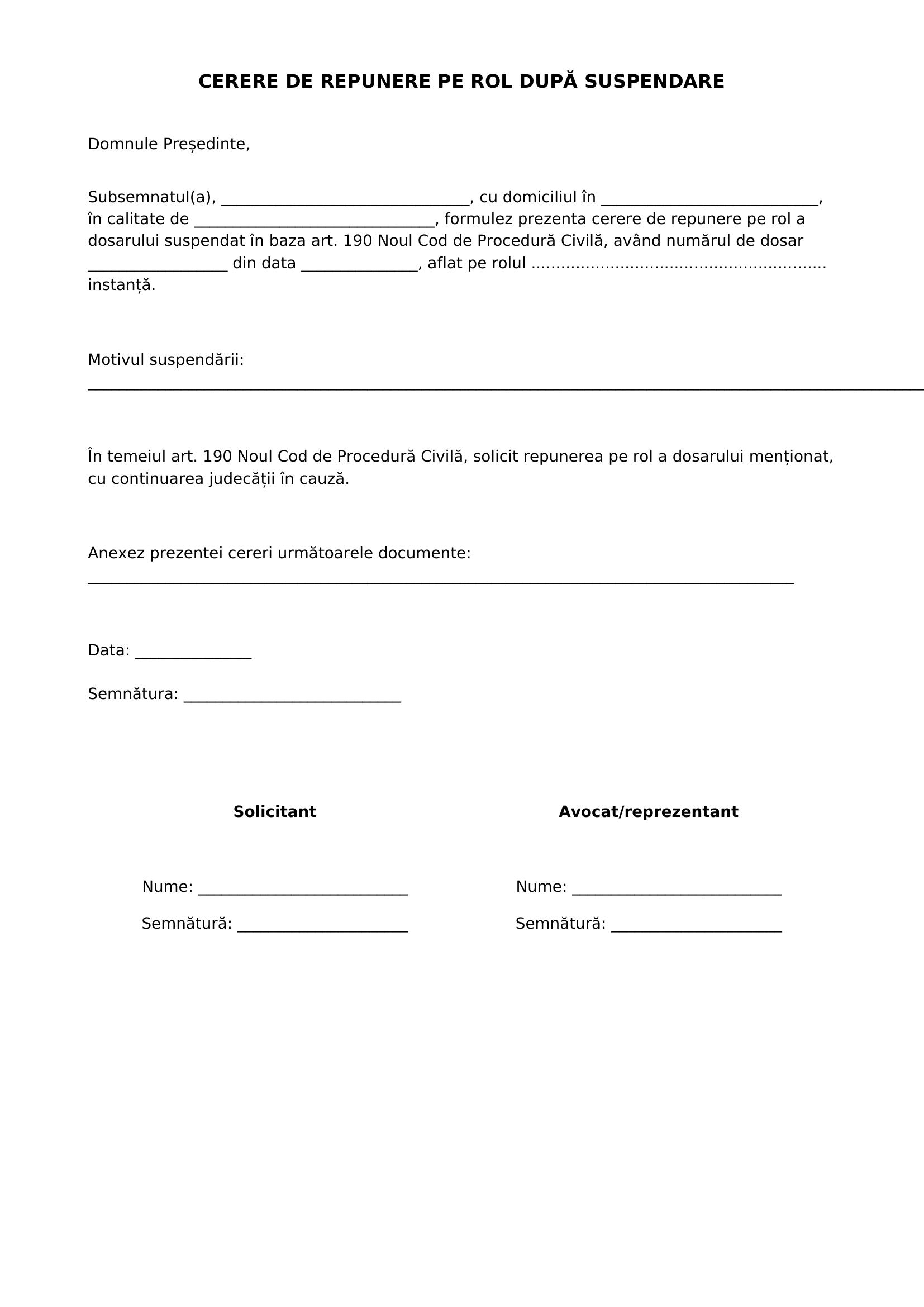 Model Cerere Repunere Pe Rol Dupa Suspendare Noul Cod