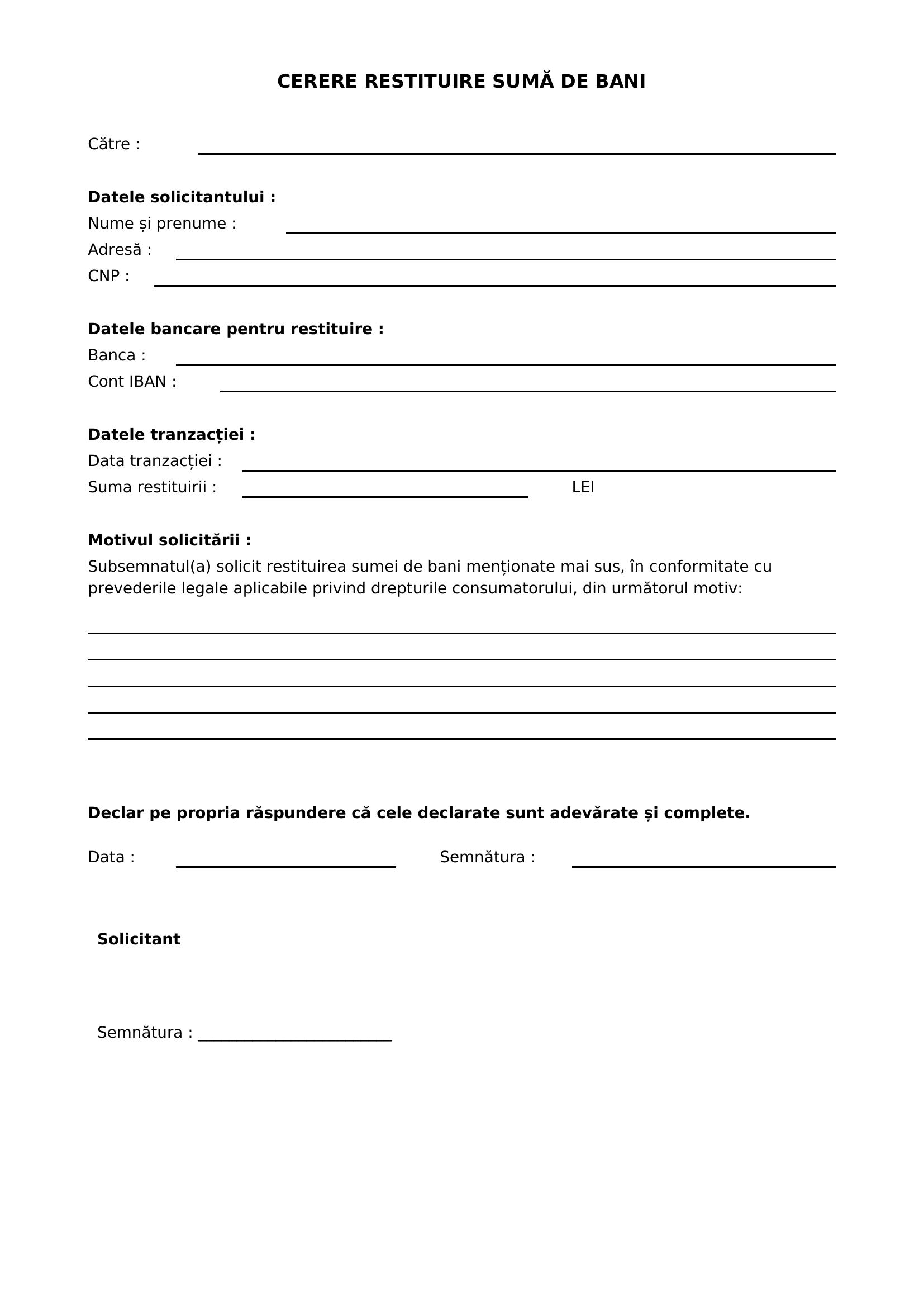 Model Cerere Restituire Bani