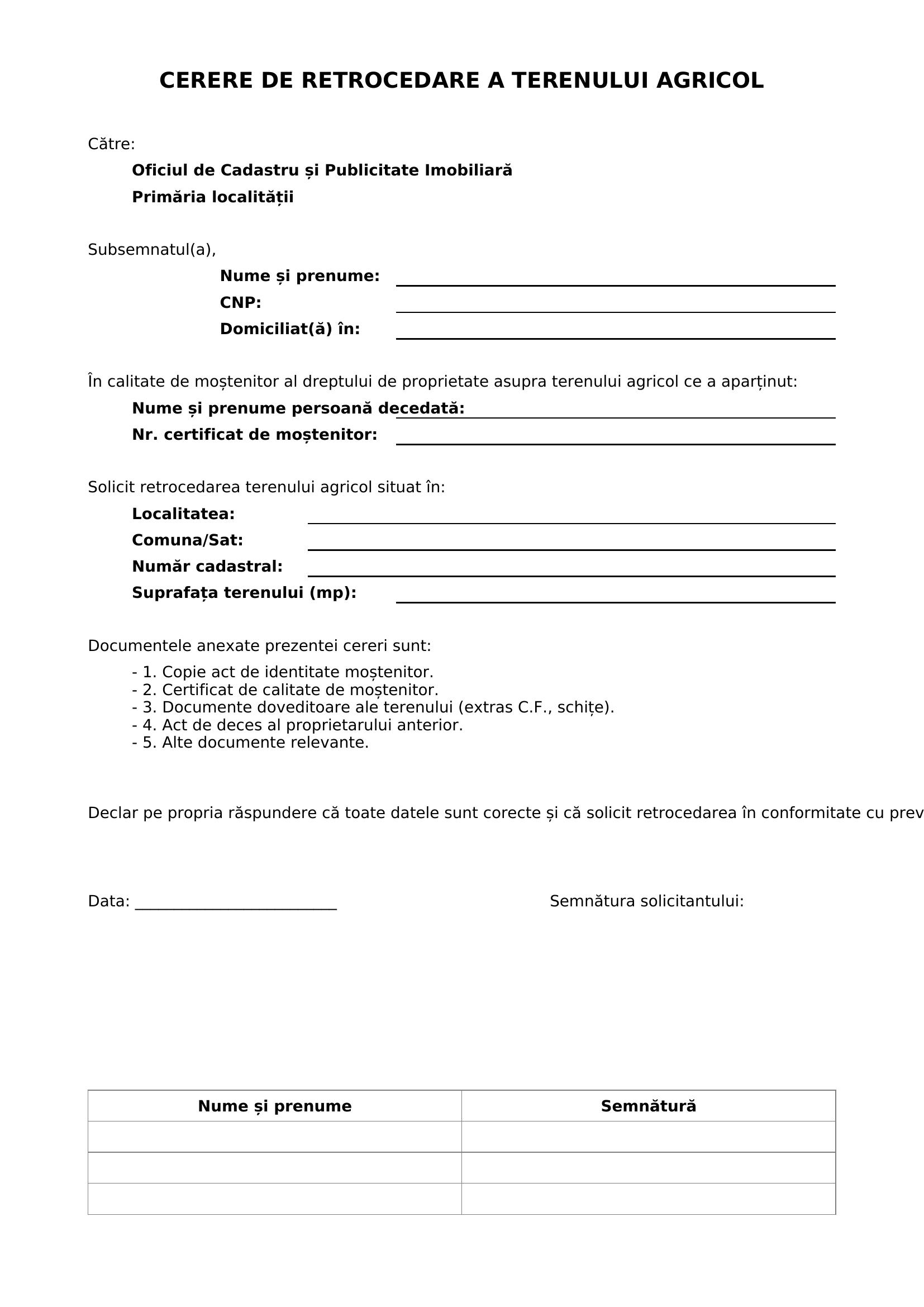 Model Cerere Retrocedare Teren Agricol