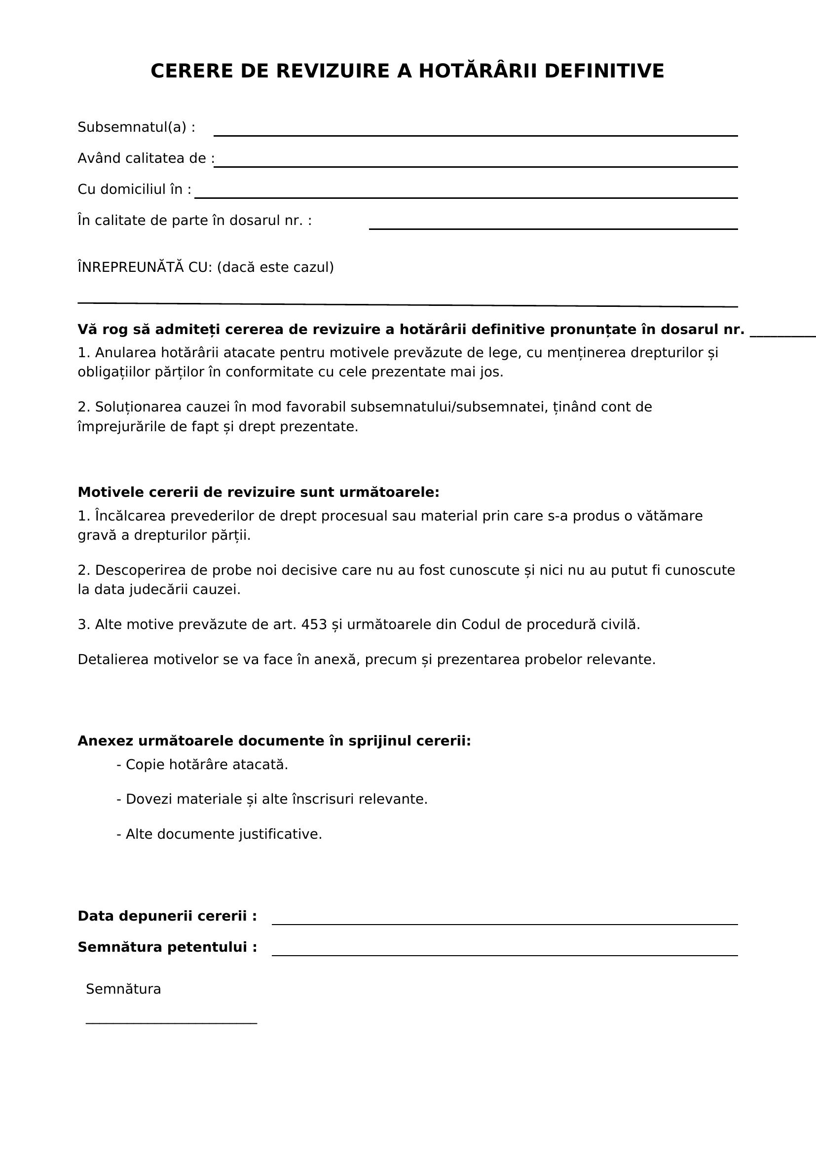 Model Cerere Revizuire Hotarare Definitiva