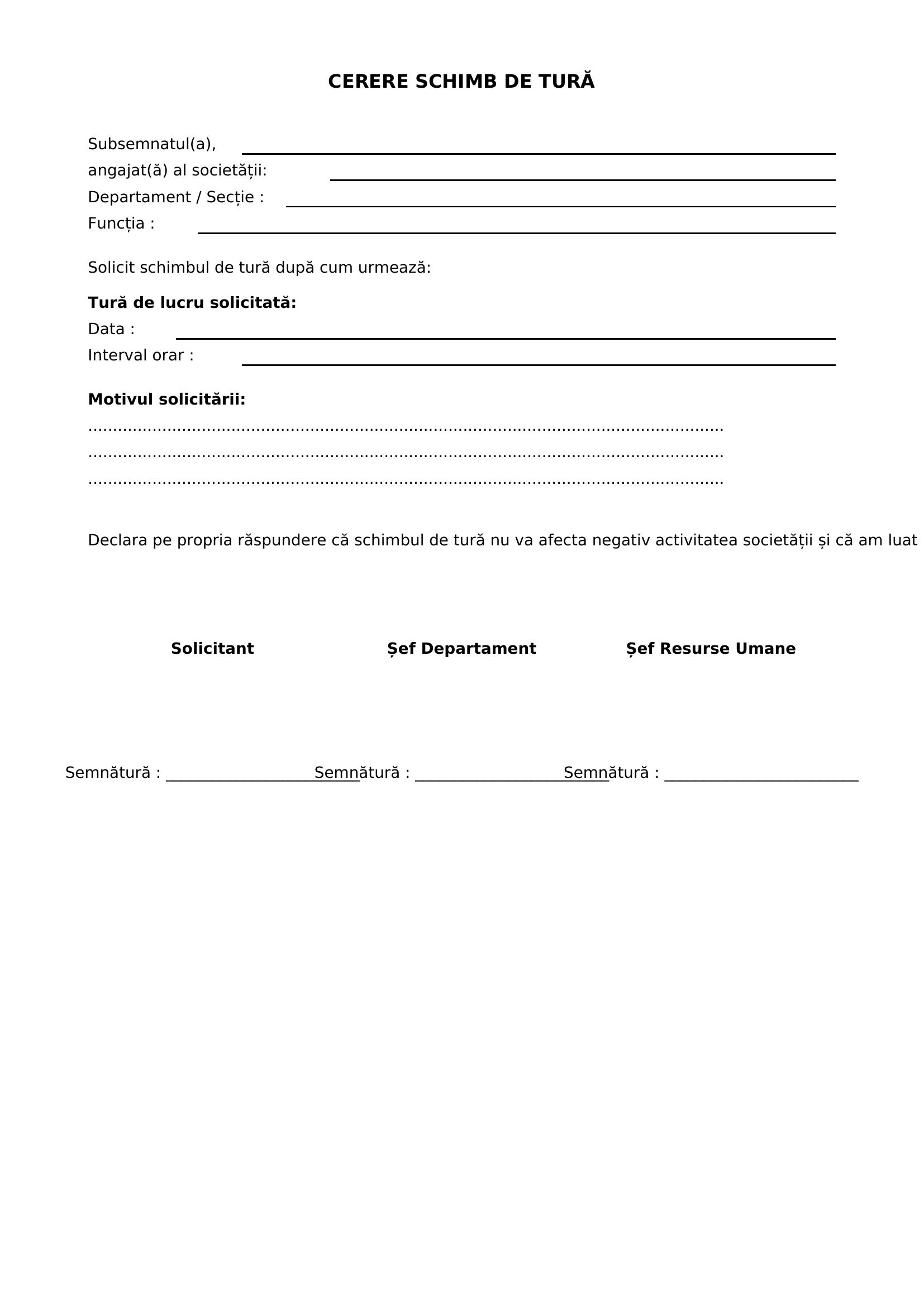 Model Cerere Schimb De Tura