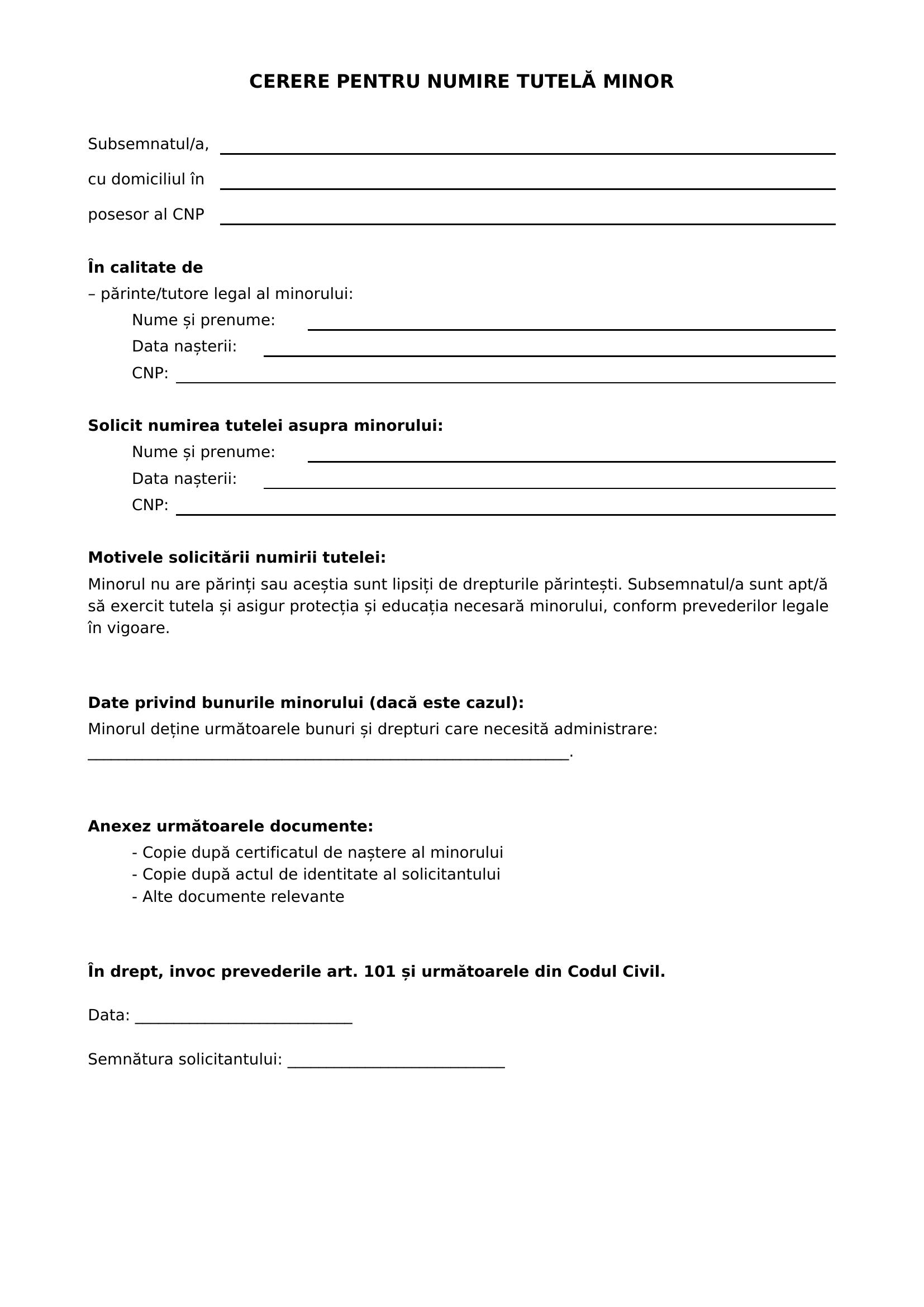 Model Cerere Tutela Minor