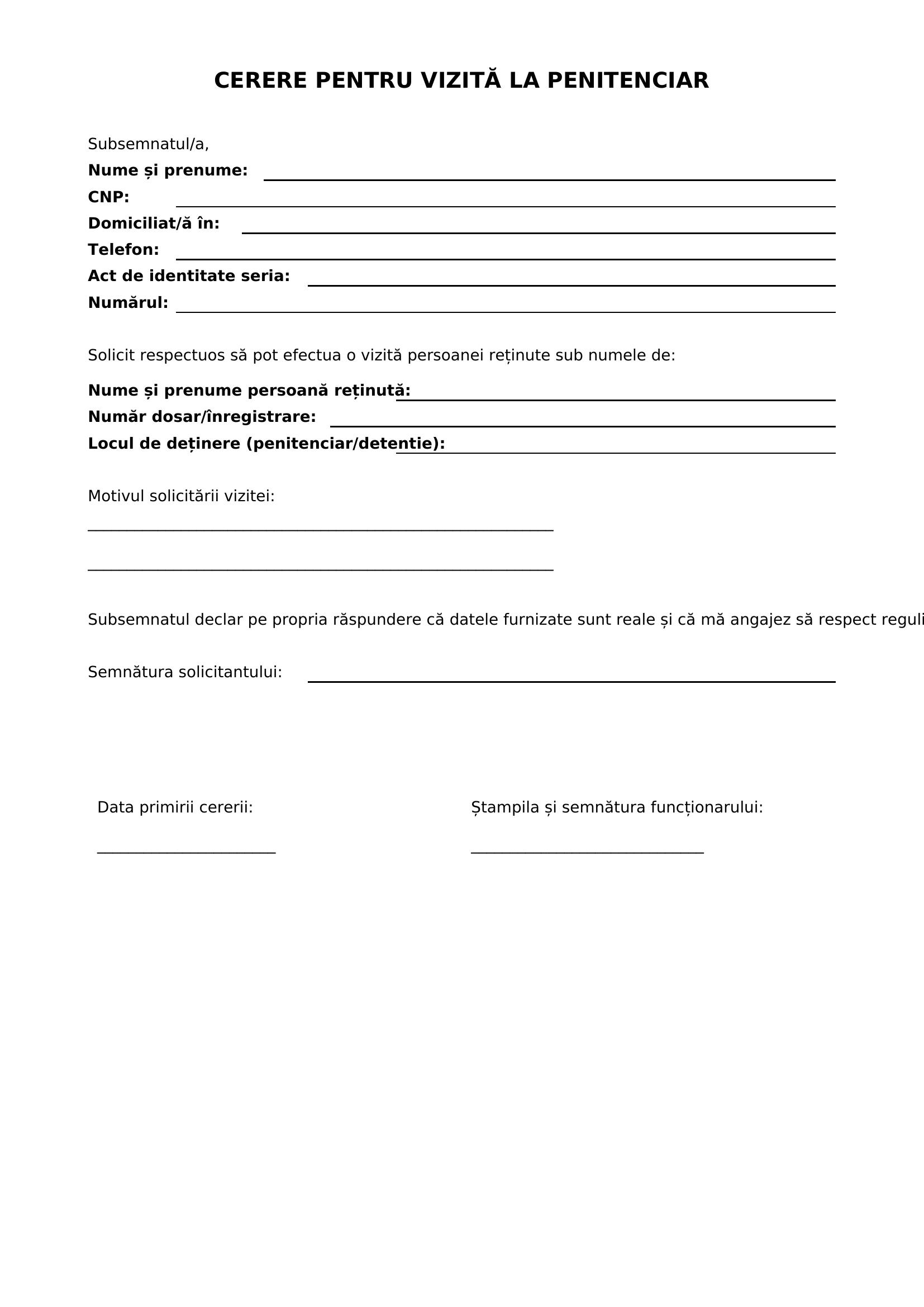 Model Cerere Vizita Penitenciar