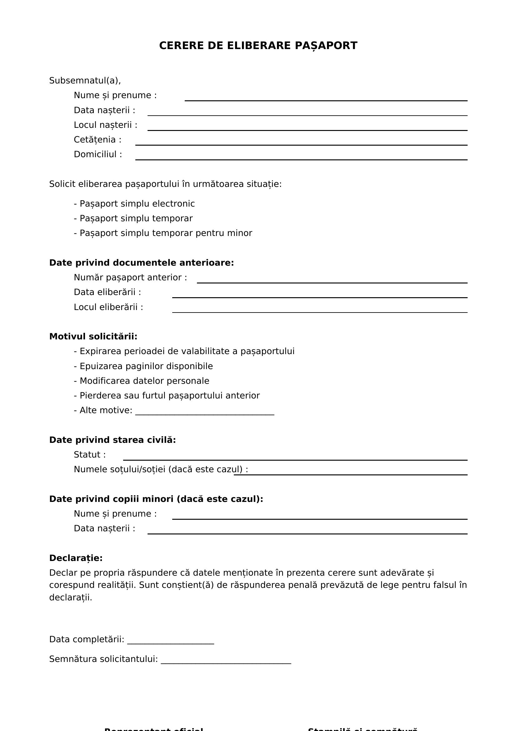 Model Completare Cerere Pasaport