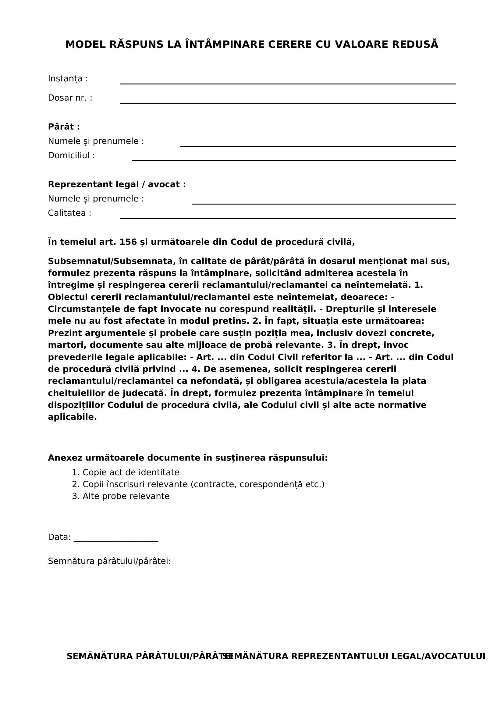 Model Raspuns La Intampinare Cerere Cu Valoare Redusa